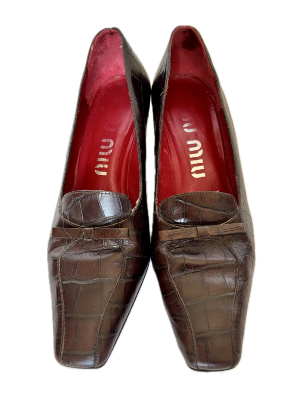 MIU MIU VINTAGE Dark Brown Croc-Embossed Leather Low Heeled Loafer Pumps Shoes
